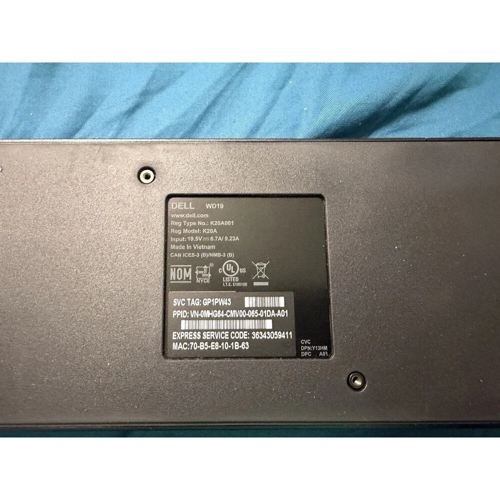Dell WD19 USB-C Docking Station K20A001 HDMI DisplayPort RJ-45 USB 3.0